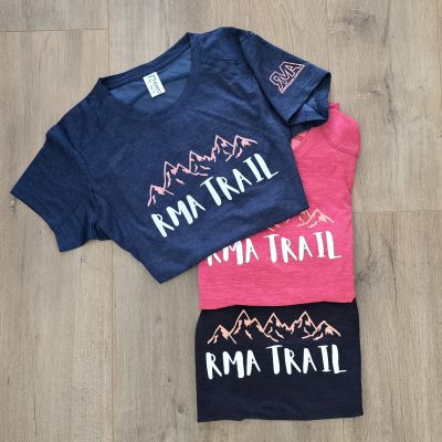 RMA Trail Tech tshirt. Navy, Pink and Teal Marle.